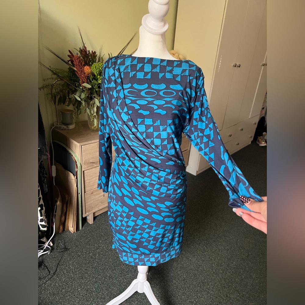 Vintage Blue Pattern Draped Mini Midi Bat Wing Long-Sleeve Boatneck Modest Dress